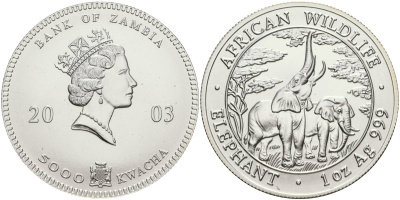 Замбия 5000 квача 2003 Африканские слоны KM 165 серебро UNC 1080-8-51