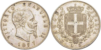 Италия 5 лир 1877 R, Виктор Эммануил II (1861-1878) KM 8.4 серебро 00-820-45