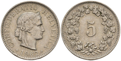 Швейцария 5 раппенов 1962 B KM 26 медно-никель 4189-333