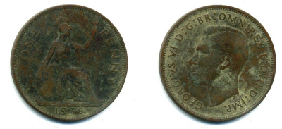 Великобритания 1 пенни 1938 Георг VI (1936-1952) KM 845, Spink 4114 бронза 37-532
