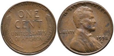 США 1 ЦЕНТ 1958 D, ЛИНКОЛЬН KM А132 медь цинк 4549-755