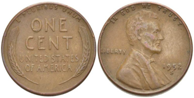 США 1 ЦЕНТ 1952 S, ЛИНКОЛЬН KM А132 медь цинк 218-568