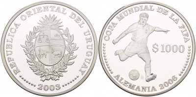 Уругвай 1000 песо 2003 чемпионат мира по футболу 2006 в Германии, удар по мячу КМ 122 серебро PROOF 1088-6-12
