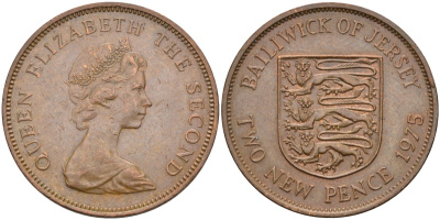 Джерси 2 пенса 1975 герб, Елизавета II (1952-2022) KM 31 бронза 4583-126