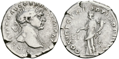 Римская Империя денарий 103 - 111 Траян COS V PP SPQR OPTIMO PRINC Эквитата, персонификация Равенства Рим Very fine RIC 118 (aureus) серебро 1073-4-15