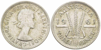 Австралия 3 пенса 1961 m, Елизавета II (1952-2022) KM 57 серебро 105-717