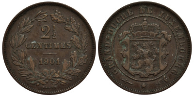 Люксембург 2 1/2 сантима 1901 великий герцог Адольф (1890-1905), BAPTH, ошибка Р вместо R КМ 21 бронза 1519-143