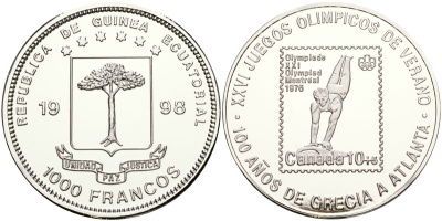 Экваториальная Гвинея 1000 франков 1998 XXVI Летние Олимпийские игры 1996 года в Атланте, гимнастика UC 200 медно-никель PROOF 00-00