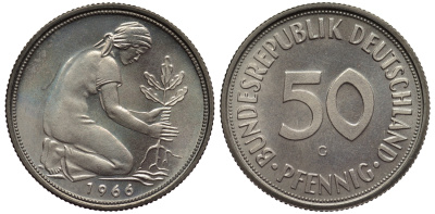 ФРГ 50 пфеннигов 1966 G KM 109.1, J. 384 медно-никель PROOF 1099-4-44