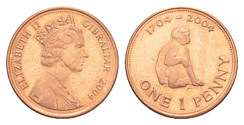Гибралтар 1 пенни 2004 300 лет захвату Гибралтара KM 1046 сталь плакированная бронзой UNC 4115-214