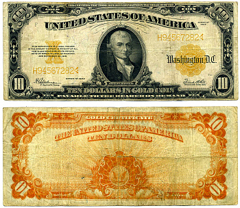 США 10 долларов 1922 золотой сертификат, серия большая, Michael Hillegas первый казначей США Pick 274 (1)  бумага   451-245-1