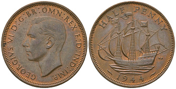 Великобритания 1/2 пенни 1944 Георг VI (1936-1952) KM 844, Spink 4115 бронза 4163-1123