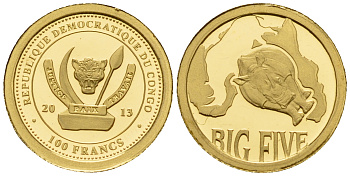 Конго 100 франков 2013 серия большая пятерка, носорог золото PROOF 00-804-13