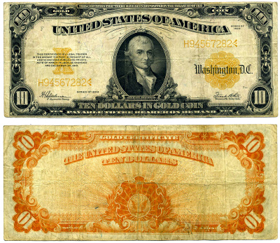 США 10 долларов 1922 золотой сертификат, серия большая, Michael Hillegas первый казначей США Pick 274 (1)  бумага   451-245-1