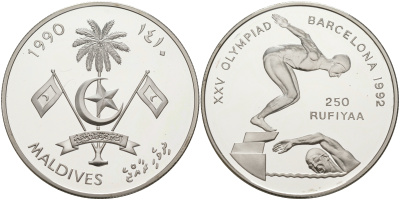 Мальдивские острова 250 руфий 1990 XXV Олимпийские игры в Барселоне 1992 года, плавание KM 85 серебро PROOF 1091-9-44