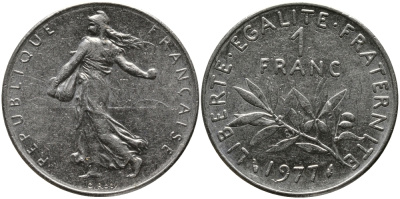 ФРАНЦИЯ 1 ФРАНК 1977 СЕЯТЕЛЬ KM 925.1, LE FRANC 226.22 никель 98-345