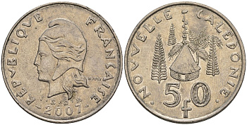 Французская Новая Каледония 50 франков 2007 хижина среди сосен и пальм, (IEOM) KM 13a, Schoen 15a, Lec 128i медно-никель 4144-832