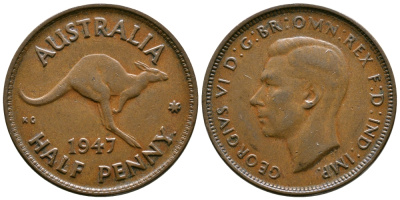 АВСТРАЛИЯ 1/2 ПЕННИ 1947 ГЕОРГ VI KM 41 бронза 4384-1211