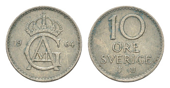 Швеция 10 эре 1964 U, Густав VI Адольф (1950-1973) KM 835 медно-никель 4643-363