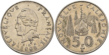 Французская Новая Каледония 50 франков 2008 хижина среди сосен и пальм, (IEOM) KM 13a, Schoen 15a, Lec 128i медно-никель 4111-516