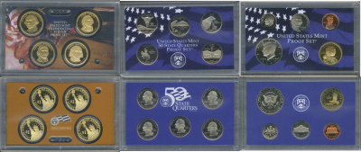 США полный годовой набор из 14 монет (1, 5, 10 (дайм) и 25 (квотер) центов; 1/2 (50 центов) и 1 доллар) 2007 в оригинальной упаковке с сертификатами KM 468, 381, 195a, A202b, 310, 396, 397, 398, 399, 400, 401, 402, 403 и 404 PROOF 8-2-06-74