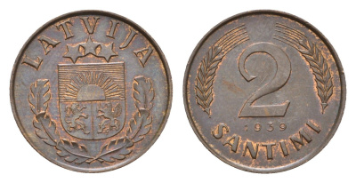 Латвия 2 сантима 1939 KM 11.2 бронза 4679-254