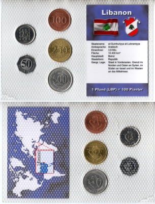 Ливан набор из 5 монет (25, 50, 100, 250 и 500 ливров) 1996, 2002 и 2006 в красочной упаковке с информацией о стране KM 36, 37, 38b, 39 и 40 UNC 3-4-1-34