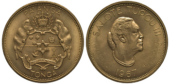Тонга 1 паанга 1967 Салоте Тупоу III (1900-1965), королева Тонга, надчеканка на KM 11, в память (1965-1970), позолота, ограниченный выпуск KM 12 медно-никель  UNC  4558-1133