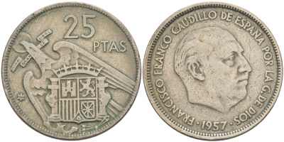 Испания 25 песет 1957 (64) Франсиско Франко (1939-1975) KM 787 медно-никель 216-657