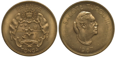 Тонга 1 паанга 1967 Салоте Тупоу III (1900-1965), королева Тонга, надчеканка на KM 11, в память (1965-1970), позолота, ограниченный выпуск KM 12 медно-никель  UNC  4558-1133