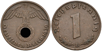 Германия 1 рейхспфенниг 1939 B KM 89, J 361 бронза 4392-938