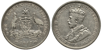 Австралия 1 флорин 1917 Георг V (1910-1936), герб Австралии KM 27 серебро 272-312