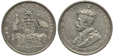 Австралия 1 флорин 1917 Георг V (1910-1936), герб Австралии KM 27 серебро 272-312