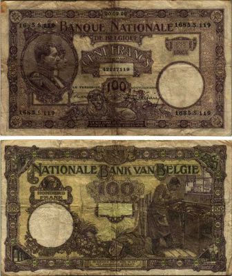 БЕЛЬГИЯ 100 ФРАНКОВ 1926 20 ФЕВРАЛЯ 1926, АЛЬБЕРТ И ЕЛИЗАВЕТА, ОРУЖЕЙНИК Pick 95 бумага 7214-44-2