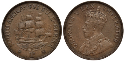 ЮАР 1 ПЕННИ 1933 ГЕОРГ V (1910-1936), ПАРУСНИК KM 14.3 бронза 4536-831