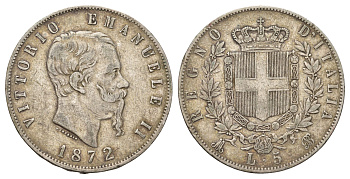 Италия 5 лир 1872 M BN, Виктор Эммануил II (1861-1878) KM 8.3 серебро 413-543