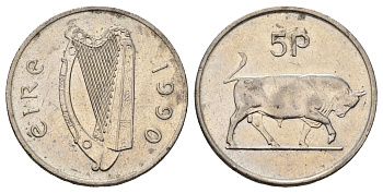 Ирландия 5 пенсов 1990 бык KM 22 медно-никель UNC 4666-1042