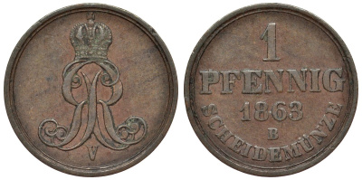 Ганновер 1 пфенниг 1863 B, Георг V KM 233, AKS 156, J. 90 медь 4594-261