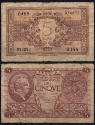 Италия 5 лир 1944 Pick 31 b бумага 2195-23-3-2