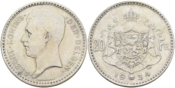 Бельгия 20 франков 1934 Альберт I (1909-1934), Der Belgen KM 104.1 серебро    4117-134