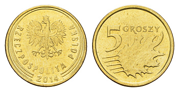 Польша 5 грошей 2014 Y 925 сталь плакированная латунью UNC 4615-539