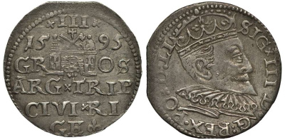 Латвия, Рига 3 ГРОША (ТРОЯК) 1595 GE, СИГИЗМУНД III (1587-1632), ВЕС 2,26 ГР. серебро 413-2444