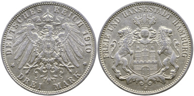 ГАМБУРГ 3 МАРКИ 1910 J KM 296, J.64, Weege 63 серебро 58-1045