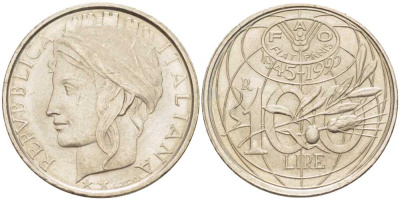 ИТАЛИЯ 100 ЛИР 1995 50 ЛЕТ FAO KM 180 медно-никель 113-1235