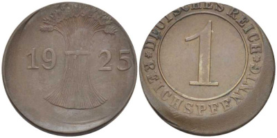 ГЕРМАНИЯ 1 РЕЙХСПФЕННИГ 1925 E, БРАК ЧЕКАНА, СМЕЩЕНИЕ KM 37, J. 313, Weege 2 бронза 206-822
