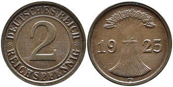 ГЕРМАНИЯ 2 РЕЙХСПФЕННИГА 1925 G, ВЕЙМАРСКАЯ РЕСПУБЛИКА (1919-1933) KM 38, Jager 314, Weege 4 бронза 4546-841