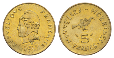 Французские Новые Гебриды 5 франков 1975 заморские территории KM 6.2 медь алюминий никель  aUNC  4641-121