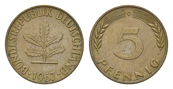 ФРГ 5 пфеннигов 1967 G, редкий монетный двор KM 107, J. 382 сталь плакированная латунью 4685-1039