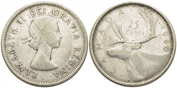 Канада 25 центов 1960 Елизавета II (1952-), олень KM 52 серебро 3856-125