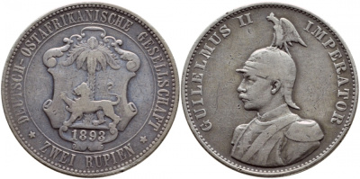 Немецкая Восточная Африка (Танзания) 2 рупии 1893 Вильгельм II (1888-1918) KM 5, ASK 914, J.714 серебро 00-804-64